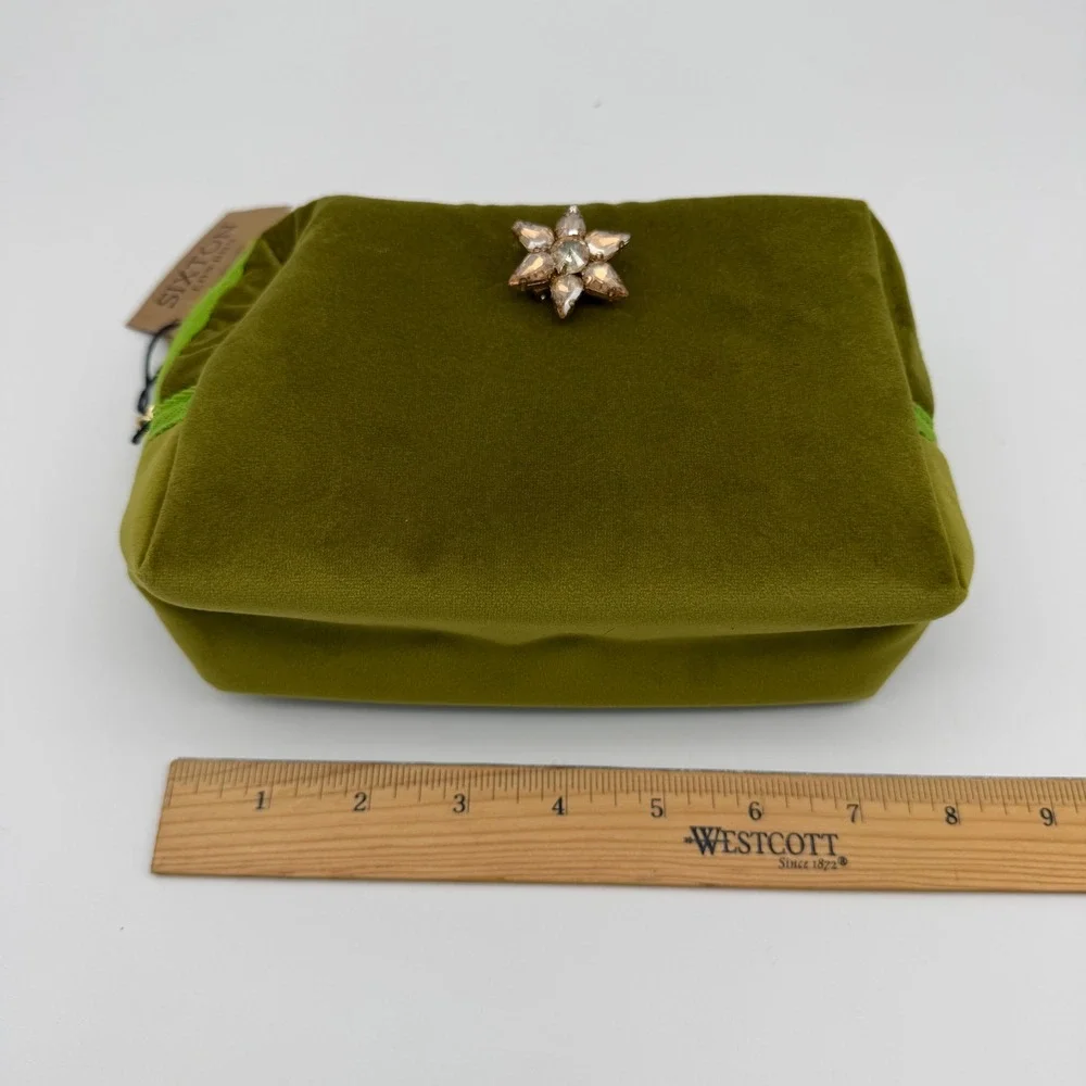 Sixton London Makeup Cosmetic Bag Green Velvet w/ Star Pin